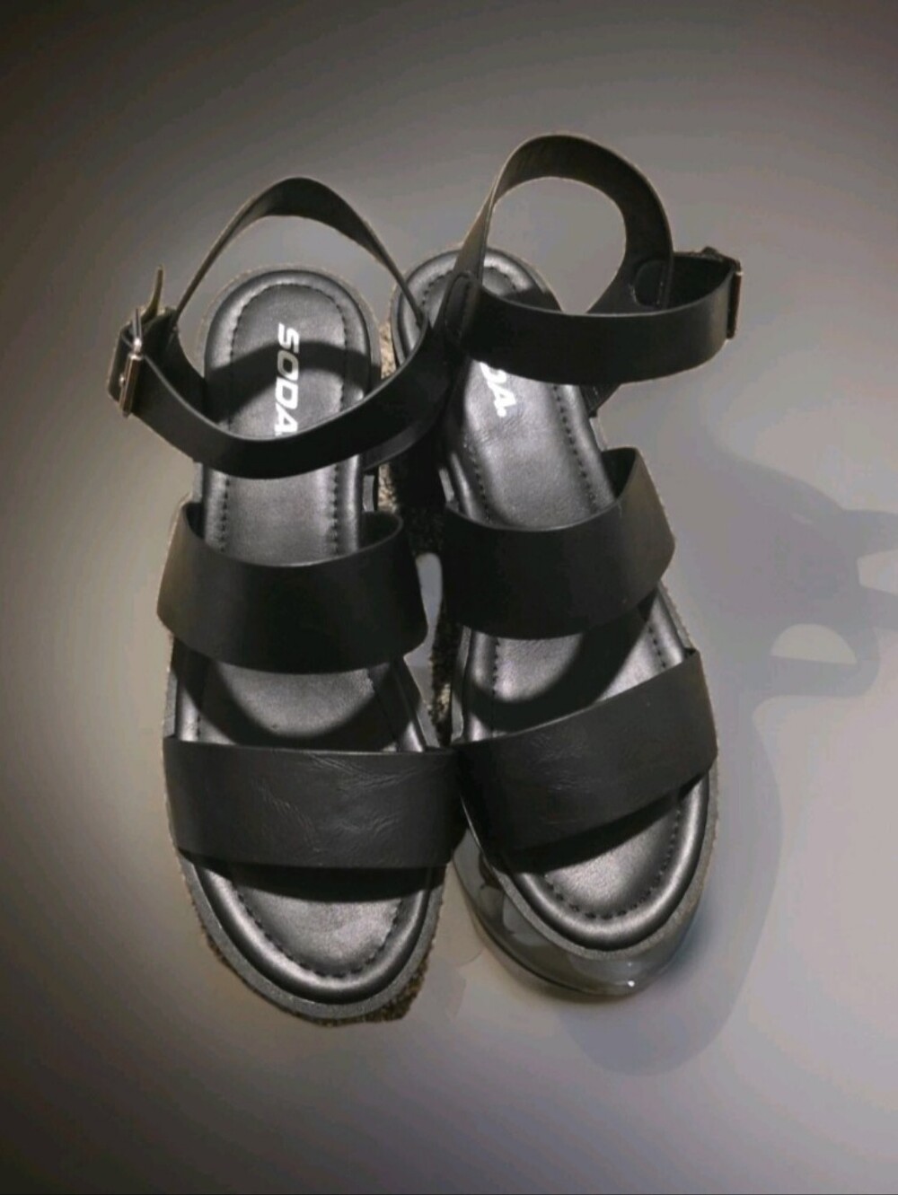 NWOT SODA Black platform faux leather triple strap Ankle Buckle Sandals Sz 10.
